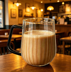 Tazza in Vetro Borosilicato Retrò da 300ml con Design a Righe, Resistente al Calore, Manico Colorato, Logo Personalizzato per Caffetterie e Bar - Product Image 3