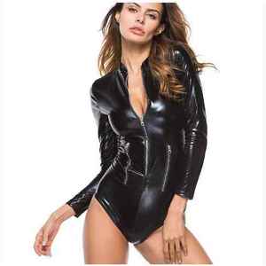 Lencería sexy de cuero y látex para mujer, body negro estilo teddy con tiras cruzadas, ropa de club de cuero para mujer - Product Image 6