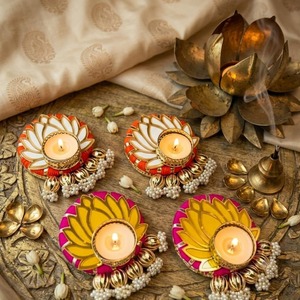 Handmade Eco-Friendly Festive Indian Diwali Lotus Tealight Candlestick Holder Metal Diya Stand Set Home Temple Wedding <b>Table</b> - Product Image 1