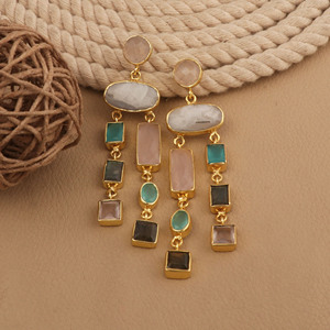 Multi Gemstone Statement <b>Earrings</b> Gold Plated Tiered <b>Dangle</b> <b>Earrings</b> Pink Aqua <b>Black</b> Jewelry - Product Image 1