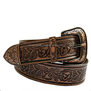 Best Quality Floral <b>Engraved</b> Unisex Full Grain Western Leather <b>Tooling</b> Belt with Copper plated designer Brass Buckle - Product Image 1