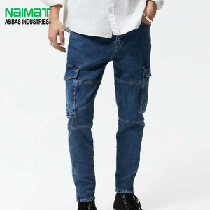 Mens Slim Fit Cargo Jeans Dark Blue Denim Pants With Side Flap Pockets Casual Tapered Utility Work Trousers - Product Image 1