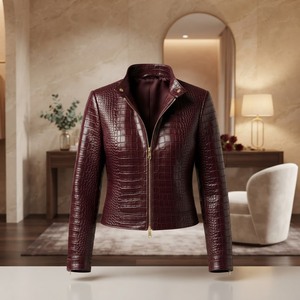 <b>Burgundy</b> Crocodile Embossed Genuine <b>Leather</b> Moto <b>Jacket</b> Women's Stand Collar Full Sleeve Short Zipper Closure Autumn Style - Product Image 1