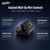Connecteur multi-prises isolé BAREP QMS-D4-4 homologué UL, 4 ports, entrée double face, Cu 14-4 AWG, Al 12-4 AWG, spécification de couple à 6 étapes, noir