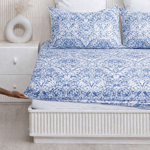 Sábanas de algodón con estampado floral azul y fundas de almohada |   Sábana Ajustable Suave y Transpirable con Bolsillo Elástico, Juego de Ropa de Cama de Lujo, Decoración del Hogar - Product Image 1