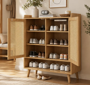 Meuble à chaussures sur mesure au prix d'usine, armoire de rangement moderne en bois avec finition laquée et panneaux en rotin pour appartement et couloir - Product Image 5