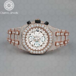 Charm_Jewels Luxury Tonneau Mechanical <b>Watch</b> Rose Gold <b>Diamond</b> Encrusted Analog Chronograph Stainless Steel Band 42mm - Product Image 1