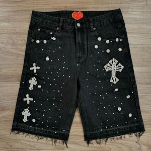 Pantalones Cortos Bermuda de Mezclilla Tejida de Lavado Claro 220g para Hombre, con Estampado por Transferencia Térmica, Diseño Rasgado con Letras, Cintura Media, Cierre de Botones, Estilo Urbano - Product Image 5