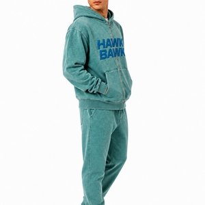 Conjunto Deportivo con Capucha Color Verde Azulado para Hombre, Conjunto Informal para Correr, Algodón Lavado, Cierre de Cremallera Frontal, Estampado de Letras, para Actividades al Aire Libre - Product Image 3