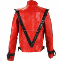 Jaket Kulit PU Merah Gaya Punk Rock Roll Pop Stars dengan Celana Jeans Korduroi Bermotif Kotak-kotak dan Huruf, Pakaian Cosplay Gaya MJ Michael