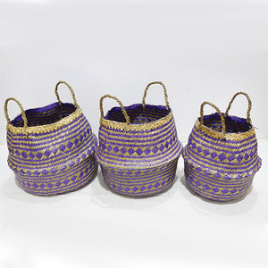 Trending Natural Palm Leaf Circle Durable Storage <b>Basket</b> Eco-friendly Purple Laundry <b>Hamper</b> - Product Image 2