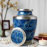 Urne funéraire artisanale en métal bleu avec bordure argentée, ronde, faite à la main, style luxe, pour cadeau de condoléances