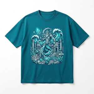 เสื้อยืดเทพเจ้าแห่งท้องทะเลโพไซดอน |   เสื้อยืดผ้าฝ้ายเนื้อหนัก 240 GSM สีฟ้าโอเชียนทีล พร้อมลายคลื่นทะเลตรีศูลไทรทัน - Product Image 1