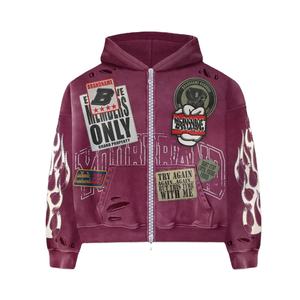 Sweat à capuche zippé coupé-cousu avec blocs de couleur personnalisés, tissu lourd délavé à l'acide et déchiré avec broderie pour unisexe - Product Image 1