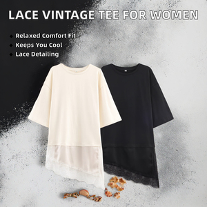 Camiseta Casual de Talla Grande para Mujer, Holgada, de Spandex/Poliéster Transpirable, con Dobladillo de Encaje, Hombros Caídos, Cuello Redondo y Manga Corta - Product Image 5