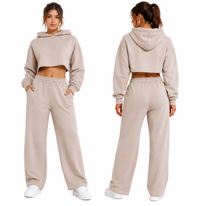 Ensemble de survêtement 2 pièces beige pour femme, sweat à capuche et pantalon long en molleton de coton uni, coupe ample, manches longues, avec poches - Product Image 6