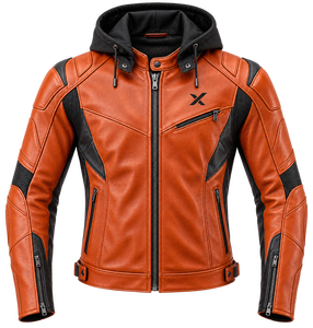 Chaqueta de Motocicleta de Cuero con Capucha Desmontable |   Naranja Gris Azul |   Fabricante OEM ODM |   Diseño de Calidad Premium |   Ropa de Carreras - Product Image 1