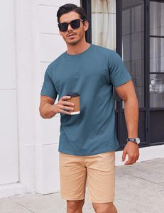 T-shirt à manches courtes pour homme, couleur unie, col rond, coupe classique, 100% coton jersey, respirant, vêtements décontractés, bleu - Product Image 6