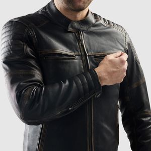 Blouson de moto en cuir de vachette noir pour homme, col montant, fermeture éclair, style motard, coupe classique, pour l'automne - Product Image 6