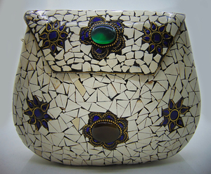 Handmade Mosaic <b>Clutch</b> Purse with <b>Green</b> Gemstone Flap Velvet Lining Chain Strap Evening <b>Bag</b> - Product Image 1