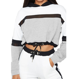 Ensemble de survêtement sportif 2 pièces pour femme, coupe ample, à blocs de couleur, avec empiècements en maille, manches longues, blanc, gris, noir - Product Image 2