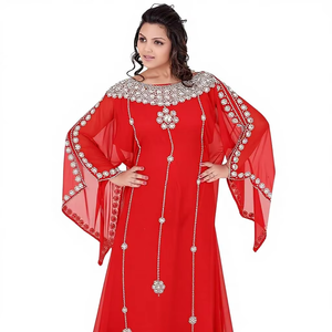 Vestido Kaftan Tradicional Musulmán con Diseño Marroquí Rojo Dubai Farasha, con Cuentas de Piedra, Trabajo Hecho a Mano, Transpirable y Ligero 2024 - Product Image 1