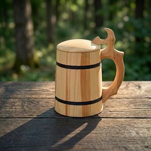 Mug à boire en bois de qualité supérieure avec couvercle en bois et poignée décapsuleur, finition lisse, tasse en bois faite à la main pour bière, eau, café et - Product Image 3
