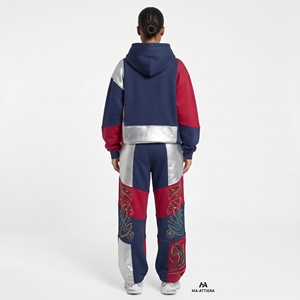 <b>Womens</b> Red <b>Navy</b> Silver Patchwork <b>Hoodie</b> Tracksuit Set Rhinestone Wide Leg Pants Custom Streetwear Two Piece Outfits - Product Image 2