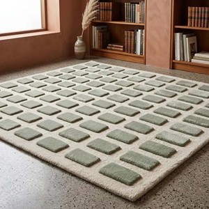 Tapis de luxe géométrique vert sauge à motif carré, tapis moderne tufté en peluche pour salon, chambre à coucher, tapis décoratif pour la maison - Product Image 6
