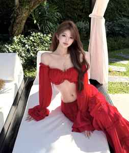 Conjunto de Top Corto y Maxi con Volantes y Hombros Descubiertos en Color Escarlata para Mujer, Tejido Sólido Lavado, Ecológico, Transpirable y Sexy para la Playa - Product Image 6