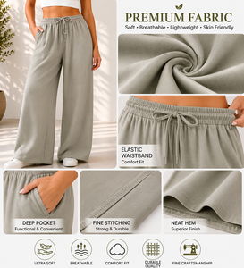 Pantalon en coton à jambes larges de luxe |   Pantalon droit élastique taille haute pour femme, idéal pour la gym, le yoga et les loisirs, avec poches latérales, collection été - Product Image 6