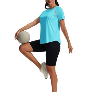 Women's Light Blue Solid Color Crew Neck Short Sleeve <b>Raglan</b> T-Shirt Quick Dry Loose Fit Knitted Sporty <b>Top</b> Spring Summer - Product Image 3