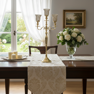 Candélabre en aluminium avec 5 bougeoirs en cristal, plaqué or brillant, grand candélabre fait main, décoration de sol pour mariage, porte-bougie chauffe-plat - Product Image 3