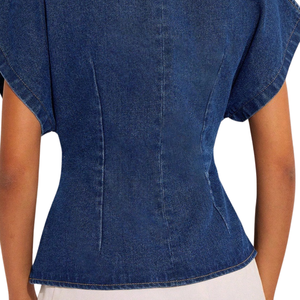 Women's Dark Blue Woven Denim Washed Button Wrap Style <b>Batwing</b> Sleeve V-Neck Casual Blouse Front Regular Fit Summer Office Wear - Product Image 4