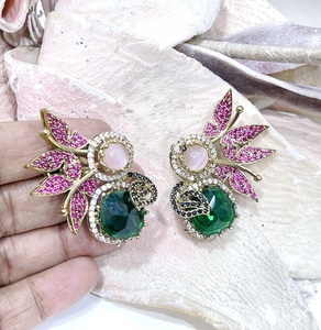 Stylish Gold Plated Leaf <b>Stud</b> <b>Earrings</b> With Red <b>Crystal</b> And Green Stone Vintage Style For Women Party Wear - Product Image 2