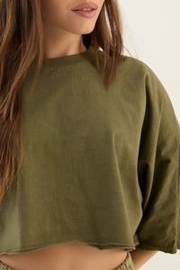 Camiseta corta de color sólido para mujer, manga corta, cuello redondo, informal, de algodón, holgada, estilo urbano, para verano, uso diario, top, camiseta corta para mujer - Product Image 3