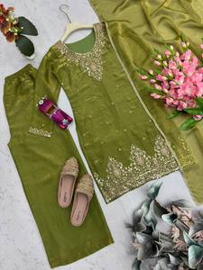 Two Tone Embroidered Palazzo Suit Set <b>Sequin</b> Decorative Kurta and Palazzo Dupatta Women Party Dress - Product Image 5