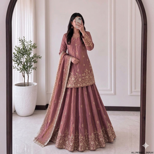 Premium Mauve Tissue <b>Silk</b> <b>Kurta</b> Lehenga Set Heavy Zari Embroidered Short Kurti with Flared Skirt Indian Pakistani Wedding Wear - Product Image 1