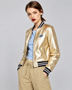 Blouson bomber doré métallisé pour femme, manches longues, fermeture éclair sur le devant, broderie du logo, col rabattu, style décontracté d'automne - Product Image 3