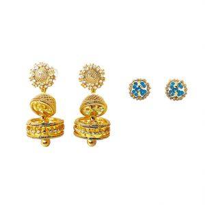 24K Gold Plated Stainless Steel Designer Jhumka and <b>Blue</b> <b>Stud</b> <b>Earrings</b> Set - Product Image 2