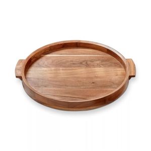 Round Natural Oak Wood Serving <b>Tray</b> with Cutout Handles <b>Large</b> Wooden Decorative <b>Tray</b> for Coffee Table Ottoman Kitchen Decor - Product Image 2