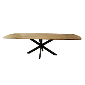 Mesa de comedor plegable industrial extensible de 175 a 275 cm con tablero de madera de acacia con acabado natural y patas de metal con acabado negro mate. - Product Image 3