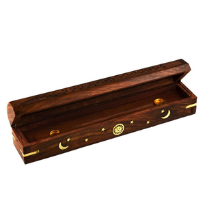 Luxury Handcrafted Wooden Incense Stick <b>Box</b> With Metal Star, Moon Inlay Work Carved Ash Catcher Holder For Home Decoration - Product Image 4