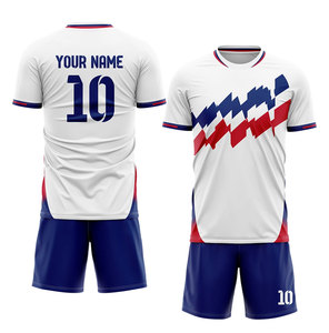 Ensemble de maillots de football personnalisables pour hommes, blanc, bleu, rouge, imprimé géométrique, manches courtes, respirant, polyester, uniforme toutes saisons - Product Image 1