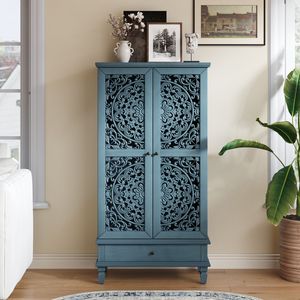 Mobiletto Rustico Alto 55 cm con Cassetto, Armadietto Decorativo a 2 Ante in Legno Intagliato, Gambe in Legno Massello per Arredamento Soggiorno - Product Image 3