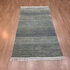 Wool <b>Runner</b> Rug TRO-0245 Modern Wool Silk <b>Grey</b> Contemporary Area Rug with Greek Border Design Hand Knotted - Product Image 3