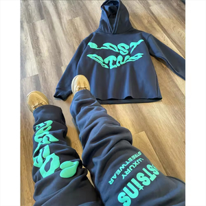 Conjunto Deportivo Personalizado de Felpa 100% Algodón, Sudadera con Capucha Estampada Extra Grande, Pantalones Deportivos con Efecto Lavado Ácido, Corte Acampanado, para Hombre, Primavera/Invierno - Product Image 5