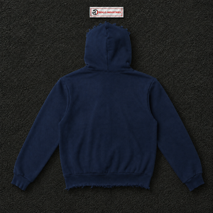 Sweat à capuche oversize bleu marine avec imprimé étoiles noires, bords déchirés, style streetwear unisexe, fermeture éclair intégrale - Product Image 6