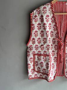 Floral <b>Quilted</b> Cotton Vest Reversible Striped <b>Pattern</b> Short Sleeve <b>Jacket</b> for Women Spring GIFT FOR HER - Product Image 4
