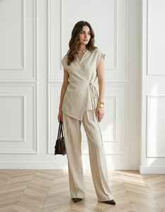 Conjunto de Dos Piezas para Mujer, Color Beige, Lino, Estilo Vintage, Lavado, Top Corto sin Mangas Cruzado y Pantalones Anchos, Conjunto Casual de Verano - Product Image 6